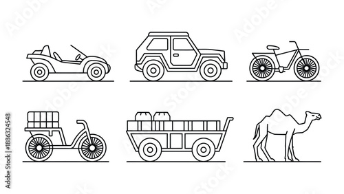 Vehicles Collection: An illustration of various modes of transportation, from all-terrain vehicles to a camel, showcasing the diversity of travel.