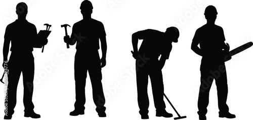 Black silhouettes of construction workers, builders, and handymen holding tools like hammers, a chainsaw, and a rake on white background
