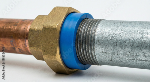 Close up of dielectric union connecting copper and galvanized pipes