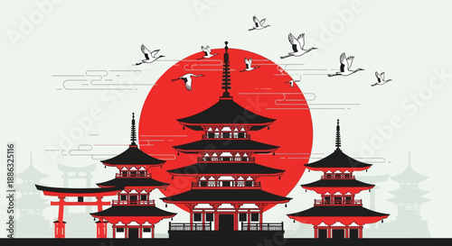 Traditional Japanese architecture with a large red sun and flying cranes, representing cultural heritage and serene natural beauty