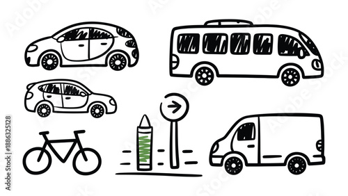 Diverse Transportation Collection: A sketch of various transportation modes, depicting a car, a bus, a bike, a van, and a sign, representing different ways to travel and move around.