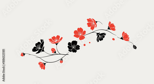 Elegant flowing floral design with contrasting red and black blossoms on a graceful branch, symbolizing nature's delicate beauty and artistic harmony