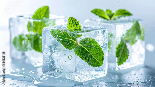 Fresh Mint Frozen in Ice Cube, Wellness and Cooling Concept