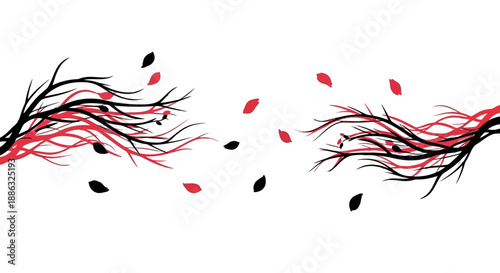 Whimsical branches with scattered leaves in red and black against a white background, evoking a sense of natural artistry and abstract design, perfect for creative projects