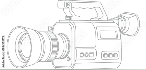 Professional video camera line art drawing isolated on white background for media production concepts