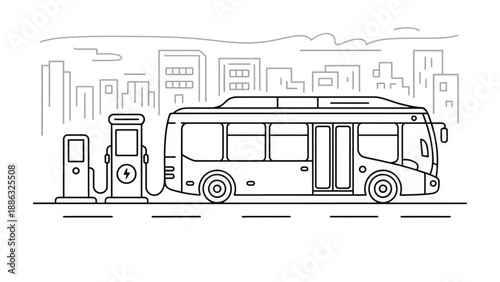 Electric Bus at Charging Station: An illustration of a modern electric bus charging at a station, representing sustainable transport within a city landscape.