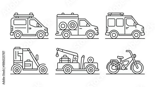 Urban Mobility Blueprint: A detailed monochrome illustration showcases diverse transport vehicles, offering a comprehensive look at urban transportation solutions.