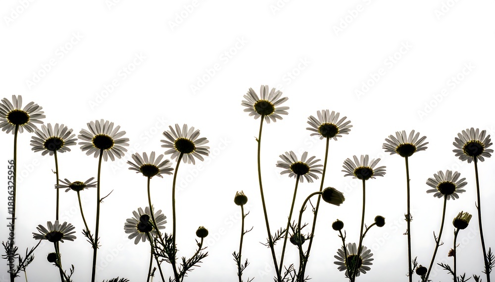 Obraz premium Silhouette of Daisies Against a Bright White Background.