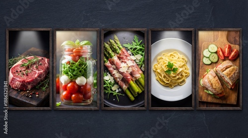 Gourmet dishes in modern rustic frames with warm studio lighting for culinary blog