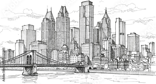 Detailed black and white ink sketch of a massive metropolitan skyline featuring a prominent suspension bridge