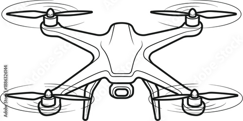 Simple black and white line art illustration of a modern quadcopter drone flying with spinning propellers