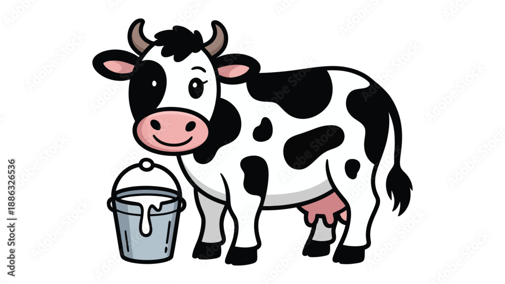 Fototapeta premium Dairy Delight: A charming illustration of a happy cow standing beside a milk bucket, capturing the essence of wholesome dairy farming and rural life.