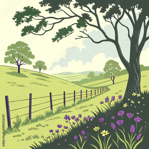 Idyllic meadow landscape with fence line and trees.