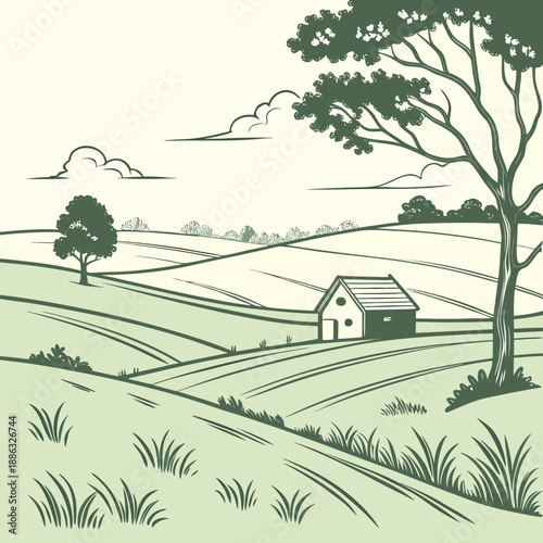 Minimal countryside field with small farmhouse outline.