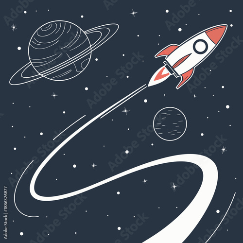 Rocket Flying Across Space with Curved Path Line Design