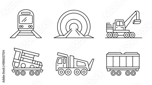 Industrial Transport Icons: A set of industrial transport icons, presenting various modes of transportation essential for construction and industry, including a train, tunnel, excavator, earthmover.