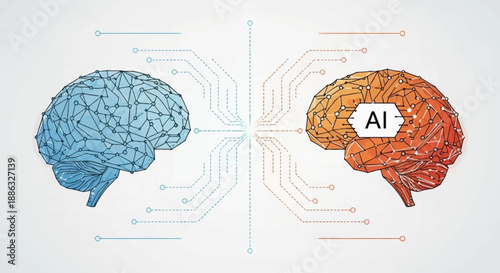 Flat vector of AI and human brain connection. Minimalist tech style for digital transformation, cybernetics, and smart technology illustrations. Clean professional layout for corporate use