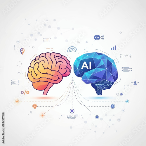 Modern AI brain connectivity concept. Flat vector illustration featuring human mind and neural network. Clean editable layout for technology branding, web landing pages, and startup marketing