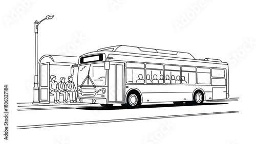 Urban Transport: A clean-lined monochrome illustration showcases a modern bus at a designated bus stop. This image captures the essence of efficient public transit in an urban environment.