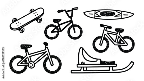 Collection of Activity Tools: A collection of various activity tools, illustrating a range of recreational pursuits. Suitable for designs that demand dynamic and adventurous vibes.