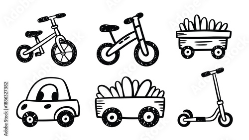 Playful Vehicles: A delightful array of children's transportation toys, illustrated in a charming, hand-drawn style. Depicting a sense of innocence, fun and excitement.