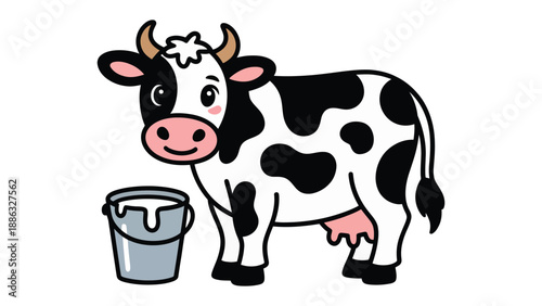 Cute Cow and Milk: Adorable cow illustration standing near a bucket of milk. It evokes warmth and simplicity, perfect for various design uses. 