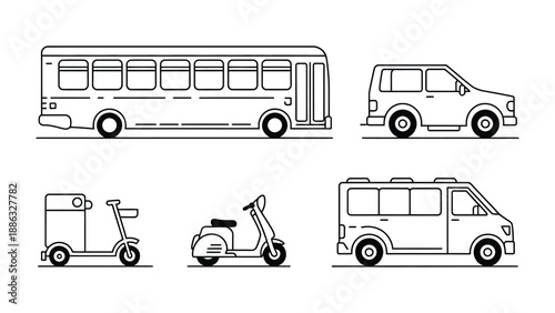 Vehicular Variety: A collection of various vehicle illustrations, ranging from buses to scooters, showcasing a diverse range of transportation options for urban and suburban life.