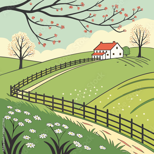 Spring Hillside Farm with Clean Geometric Fence Line Landscape