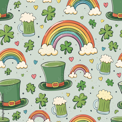 St. Patrick’s Day Seamless Pattern – Leprechaun Hats, Beer Mugs, Shamrocks, and Rainbows Vector Design