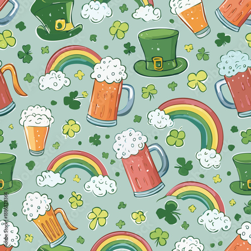St. Patrick’s Day Seamless Pattern – Leprechaun Hats, Beer Mugs, Shamrocks, and Rainbows Vector Design