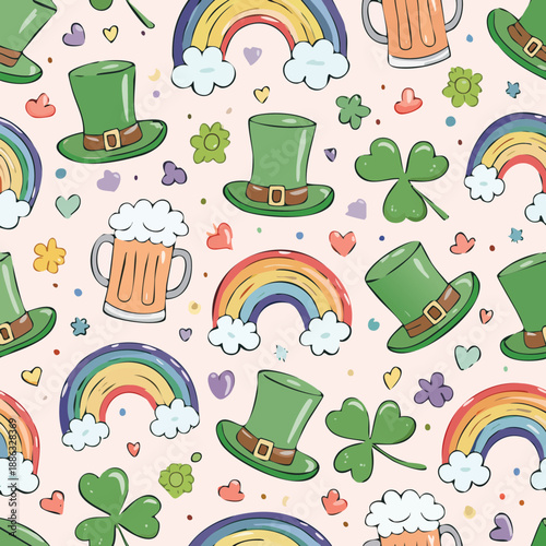 St. Patrick’s Day Seamless Pattern – Leprechaun Hat, Beer Mug, Shamrock, and Rainbow Vector Design