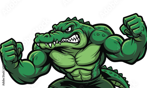 Angry alligator flexing muscles strong reptile cartoon mascot