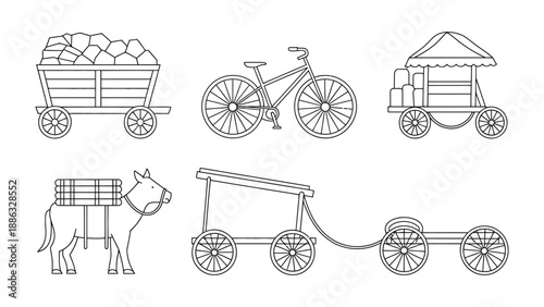 Urban Mobility and Transportation: A collection of various modes of transportation, from bicycle to animal cart, showcases the essence of urban movement.