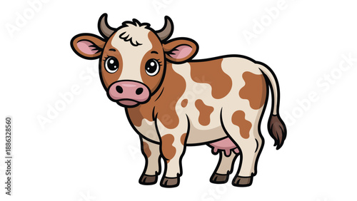Cute Cow Cartoon: This adorable cartoon cow features a charming brown and white spotted pattern, with expressive eyes. It is the epitome of farm-fresh fun and will delight all viewers.