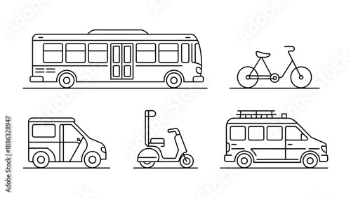 Urban Commuting: Streamlined transport icons showcasing essential urban commuting options, perfect for illustrating mobility and travel.
