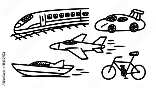 Drawn Transport Modes: Various transportation methods, drawn in a simplistic style, representing different ways to travel and explore the world. 