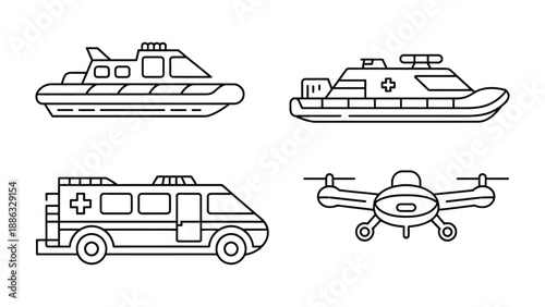 Rescue Fleet and Aid: An illustration highlighting the synergy of sea and land, featuring essential vehicles for emergency situations and public safety. 