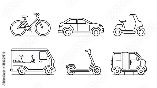 Vehicular Variety: A collection of various vehicles, including a bicycle, car, scooter, van, electric scooter, and minivan, illustrated with simple, clean lines.