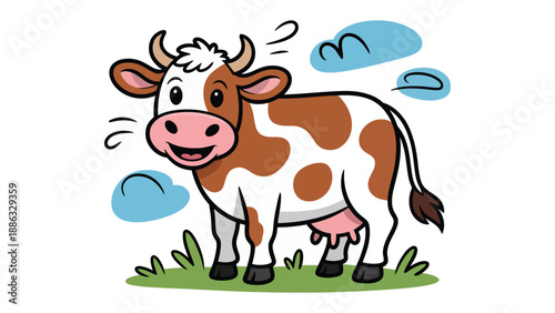Smiling Cow Cartoon in Meadow: A delightful cartoon illustration of a friendly cow, exuding charm and warmth, stands in a vibrant meadow with whimsical clouds in a bright setting
