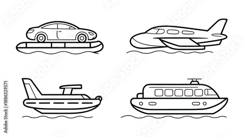 Transport on Water: A compilation of illustrations showcasing various modes of transportation cruising upon water, each representing unique aspects of travel. 