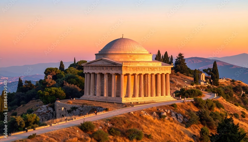 Obraz premium Classical temple at sunrise atop a hill with surrounding trees and mountains