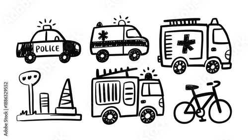 Emergency Vehicle Set Sketch: A hand-drawn illustration showcases a collection of essential emergency vehicles. Each vehicle, meticulously sketched in a simple, playful style.