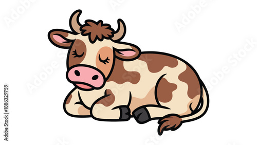 Resting Cow: A tranquil illustration of a content cow, its eyes gently closed in peaceful repose, resting, capturing the essence of calm on a bright day.