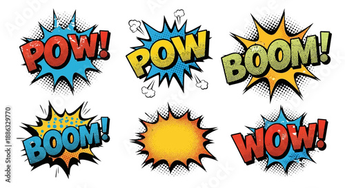 Comic style speech bubbles with action words in a grid layout