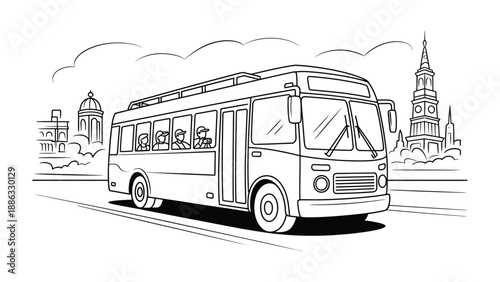 City Bus: A city bus traveling on a road, with passengers inside, passing landmarks.