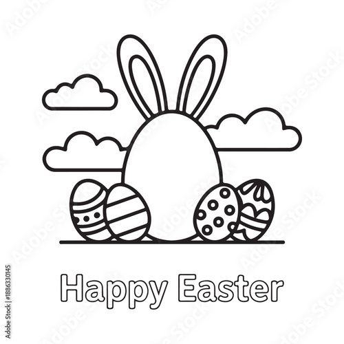 A simple black and white illustration of an easter bunny with decorated eggs and clouds