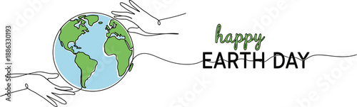 Happy Earth Day Continuous Line Art Illustration with Hands Embracing the Globe