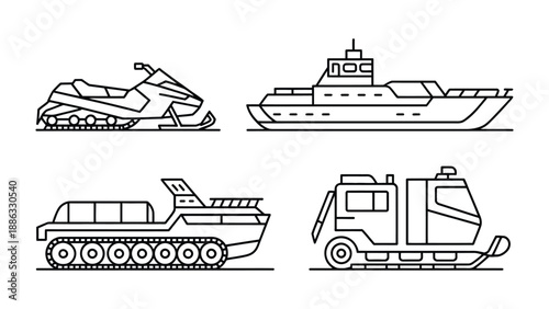 Transportation Vehicles: An array of transportation vehicles, each designed for a different terrain or purpose.