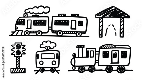 Train Illustration Set: A delightful collection of train illustrations, each a unique representation of locomotive design and transportation, inviting imaginative journeys and explorations.