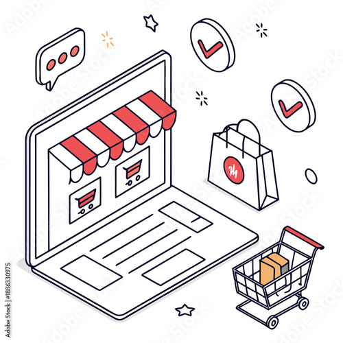 E commerce shopping concept with online store on laptop shopping cart and bags